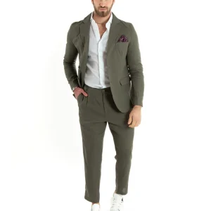 Abito Uomo Monopetto Completo Lino Sartoriale Giacca Pantaloni Tinta Unita Verde GIOSAL-OU2323A