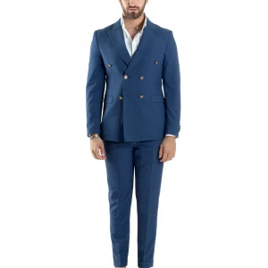 Abito Uomo Doppiopetto Vestito Completo Giacca Pantaloni Bottoni Metallo Blu Melangiato AE1056A