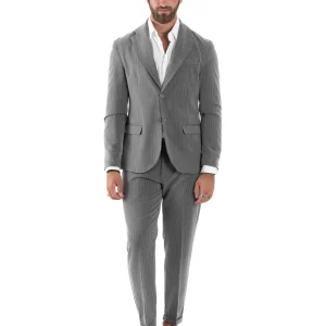 Abito Uomo Monopetto Completo Rigato Giacca Pantaloni Vestito Viscosa Elegante Casual Fantasia Gessata Grigio GIOSAL-AE1085A
