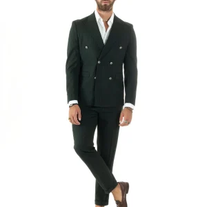 Abito Uomo Doppiopetto Vestito Completo Rigato Giacca Pantaloni Bottoni Metallo Fantasia Gessata Verde AE1089A