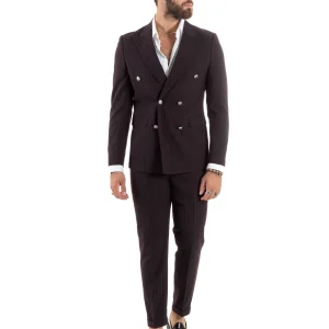 Abito Uomo Doppiopetto Vestito Completo Rigato Giacca Pantaloni Bottoni Metallo Fantasia Gessata Bordeaux AE1102A