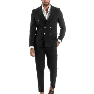 Abito Uomo Doppiopetto Vestito Completo Rigato Giacca Pantaloni Bottoni Metallo Fantasia Gessata Nero AE1103A