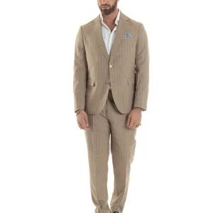 Abito Uomo Monopetto Vestito Gessato Giacca Con Pochette Pantaloni Completo Elegante Beige GIOSAL-AE1109A