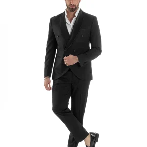 Abito Uomo Doppiopetto Quattro Bottoni Vestito Completo Smoking Rever Sciallato Raso Nero AE1110A