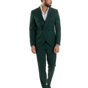 Abito Uomo Doppiopetto Quattro Bottoni Vestito Completo Smoking Rever Sciallato Raso Verde AE1111A