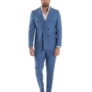 Abito uomo doppiopetto completo viscosa giacca pantaloni elegante blu chiaro melangiato GIOSAL-AE1116A