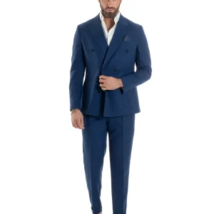 Abito Uomo Doppiopetto Vestito Completo Viscosa Giacca Pantaloni Blu Gessato Elegante Casual GIOSAL-AE1118A