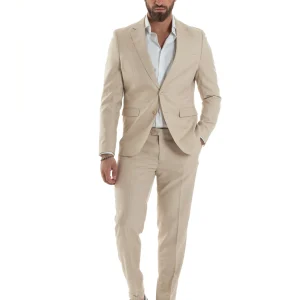 Abito Uomo Monopetto Vestito Viscosa Completo Giacca Pantaloni Beige Melangiato AE1127A