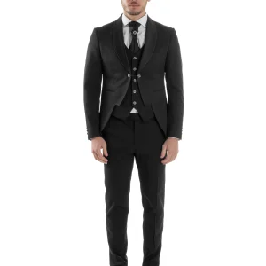 Abito Uomo Monopetto Cerimonia Rever Raso Lucido Vestito 3 Pezzi Panciotto Completo Sposo Panciotto Plastron Nero AE1143A