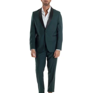 Abito Uomo Monopetto Vestito Completo Giacca Rever Sciallato In Raso Pantaloni Verde AE1153A