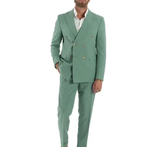 Abito Uomo Doppiopetto Vestito Completo Giacca Pantaloni Bottoni Metallo Verde Salvia AE1162A