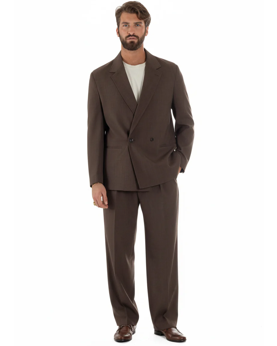 Abito uomo doppiopetto 2 bottoni vestito viscosa over pantaloni baggy marrone GIOSAL-AE1217A - immagine 2