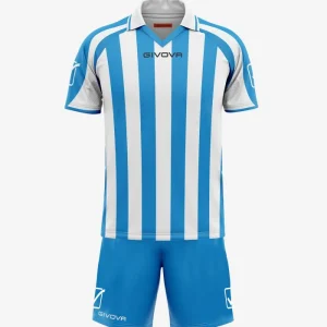 Kit SUPPORTER GIVOVA AZZURRO BIANCO Unisex Interlock Set Sportivo Maglia Mezze Maniche Rigata Con Colletto Pantaloncino Da Allenamento Bicolore GIOSAL