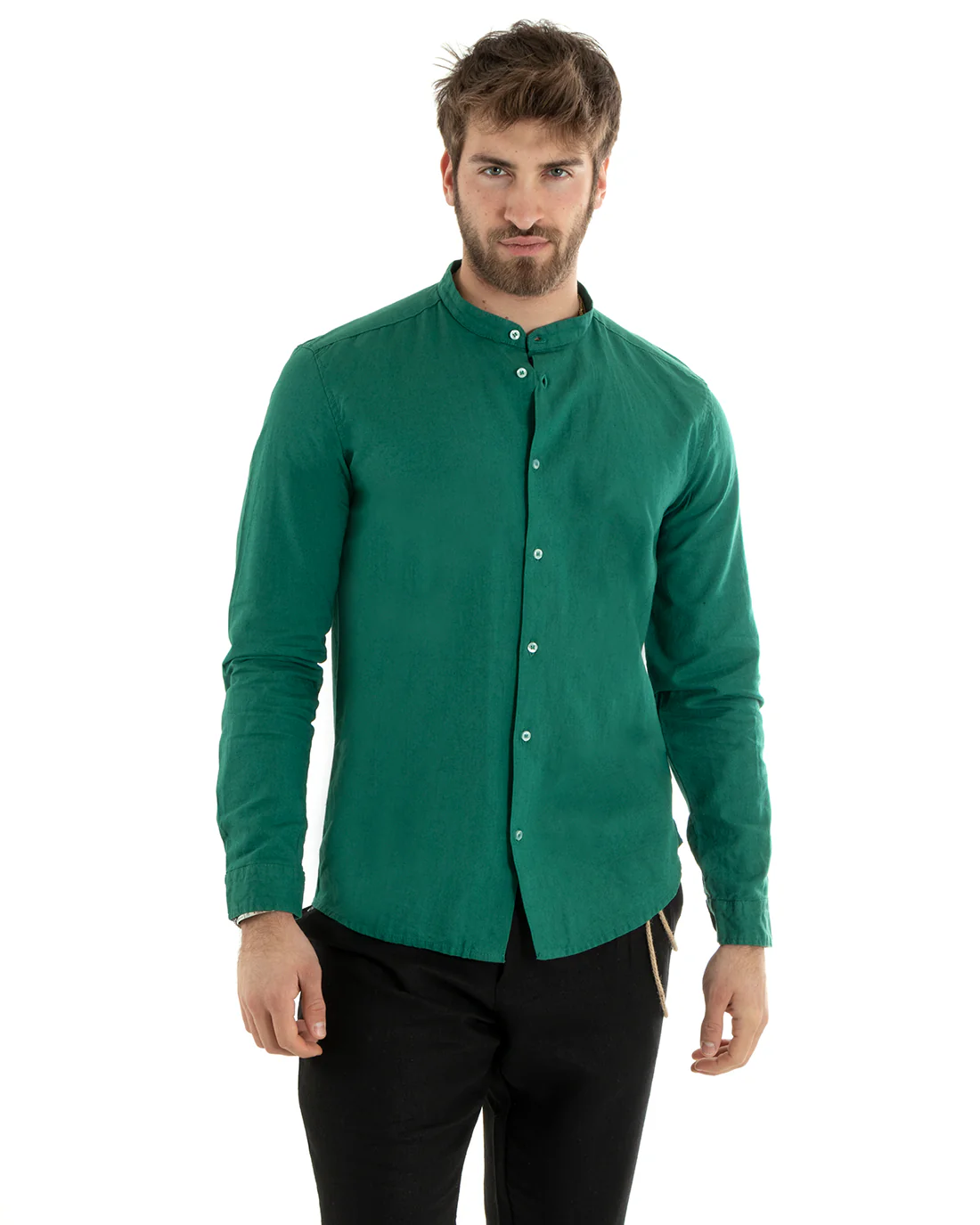 Camicia Uomo Lino Collo Coreano Sartoriale Morbida Tinta Unita Verde Petrolio GIOSAL-C2673A - immagine 7