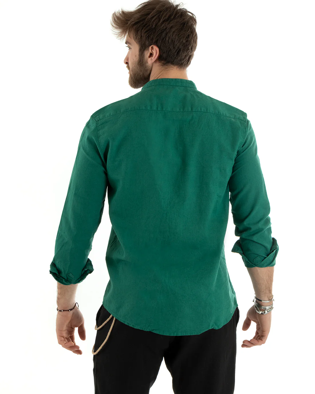Camicia Uomo Lino Collo Coreano Sartoriale Morbida Tinta Unita Verde Petrolio GIOSAL-C2673A - immagine 9
