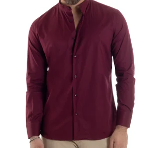 Camicia Uomo Collo Coreano Cotone Basic Sartoriale Slim Fit Bordeaux C2935A
