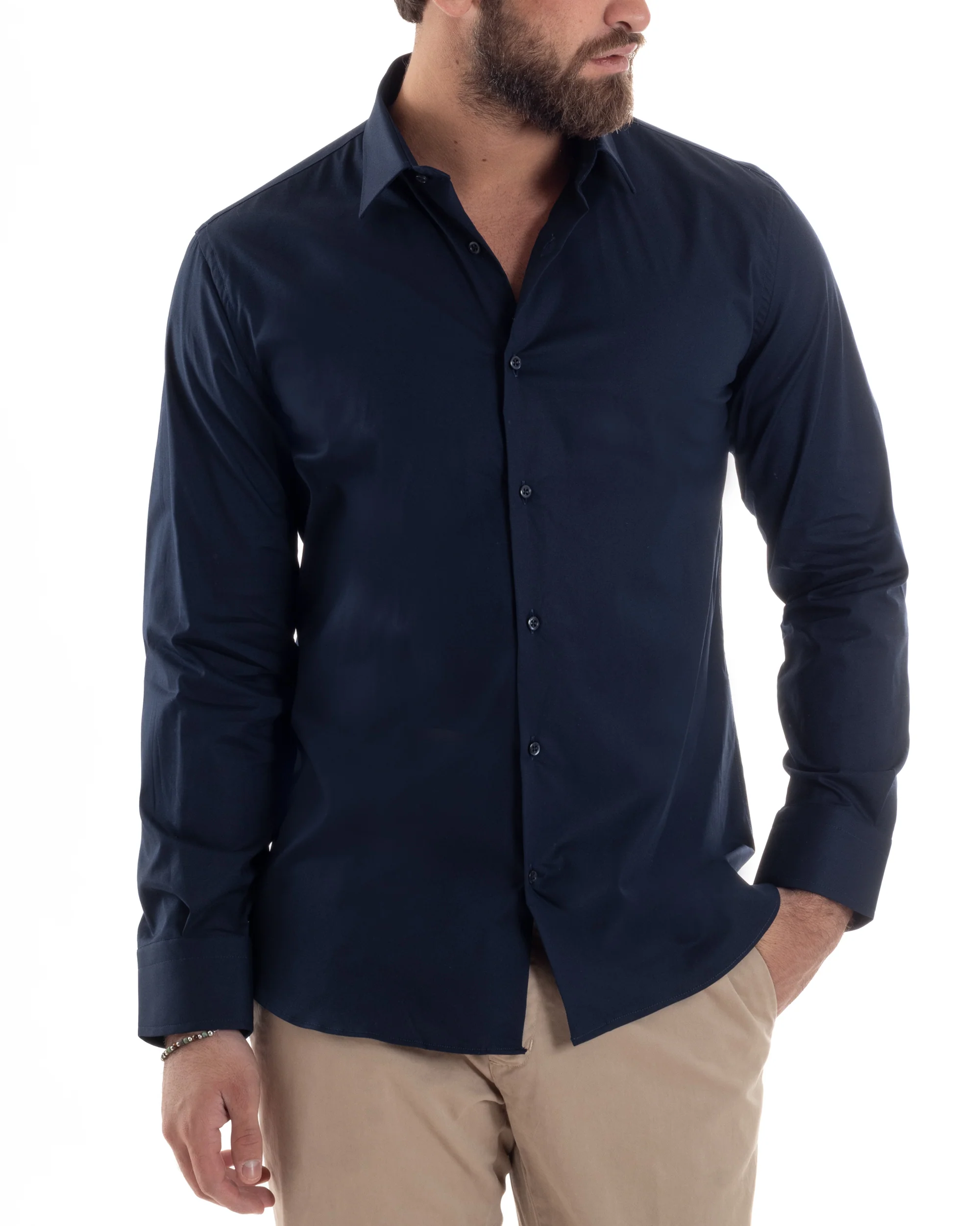 Camicia Uomo Con Colletto Francese Cotone Basic Sartoriale Slim Fit Blu C2948A - immagine 3