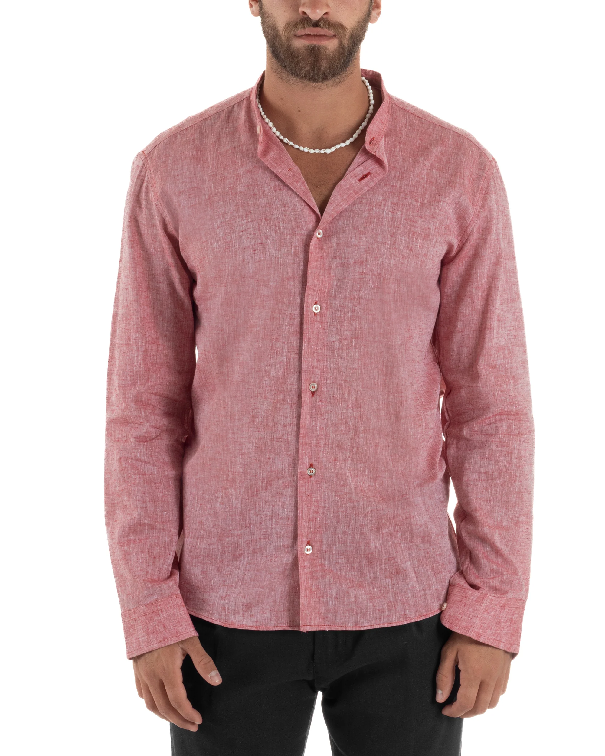 Camicia Uomo Lino Sartoriale Collo Coreano Melangiata Rosso C3003A - immagine 8