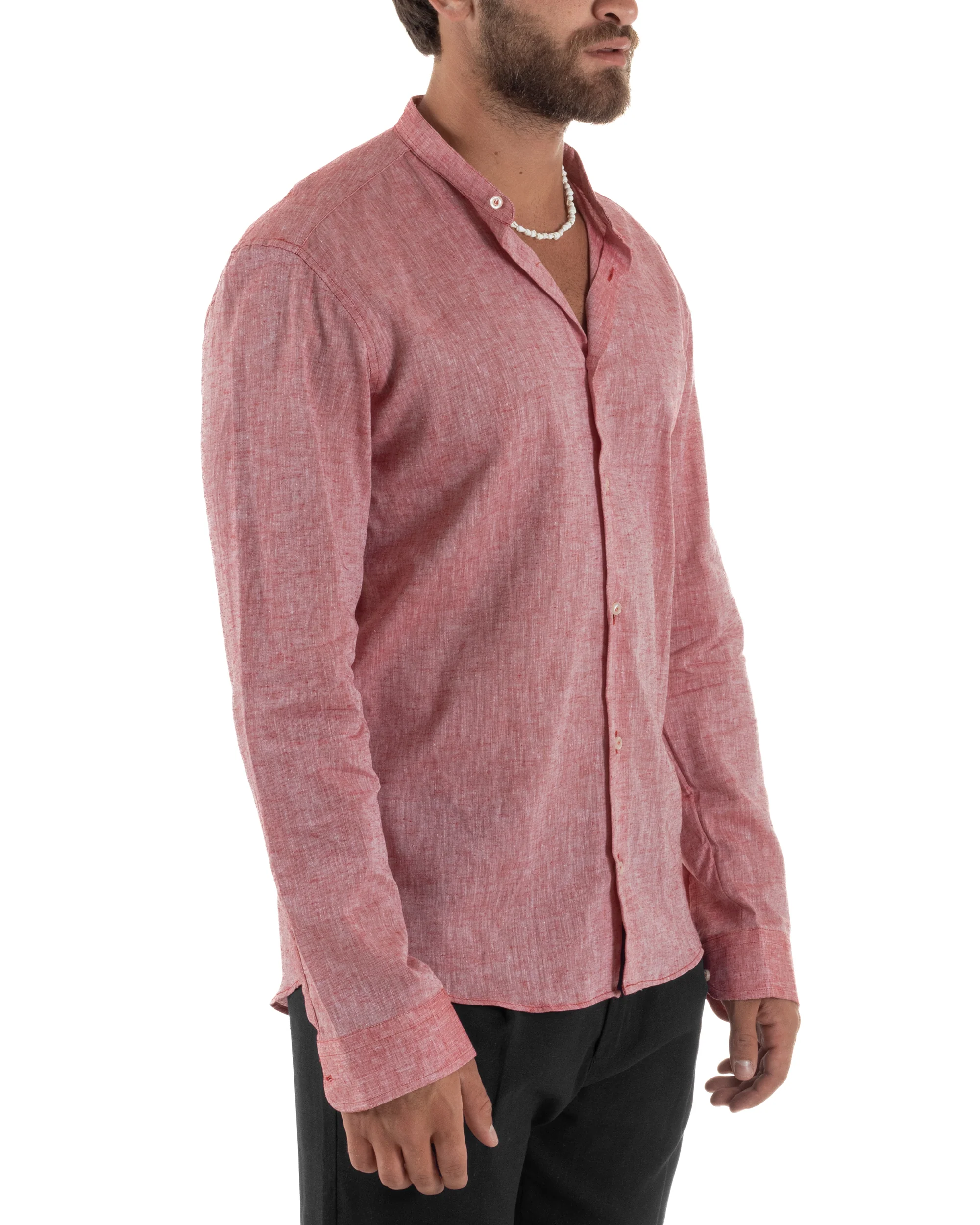 Camicia Uomo Lino Sartoriale Collo Coreano Melangiata Rosso C3003A - immagine 9