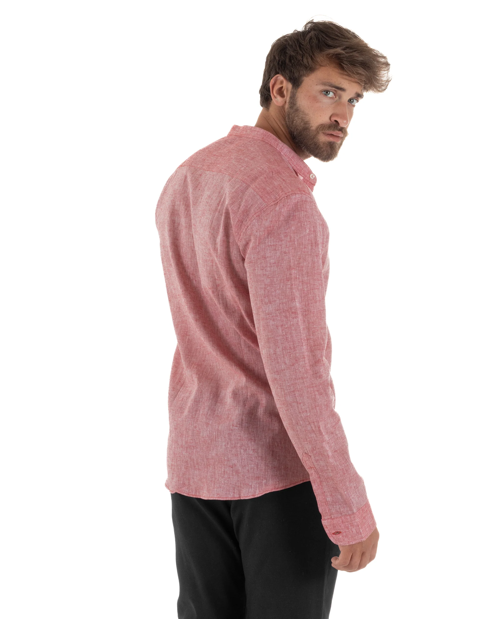 Camicia Uomo Lino Sartoriale Collo Coreano Melangiata Rosso C3003A - immagine 4