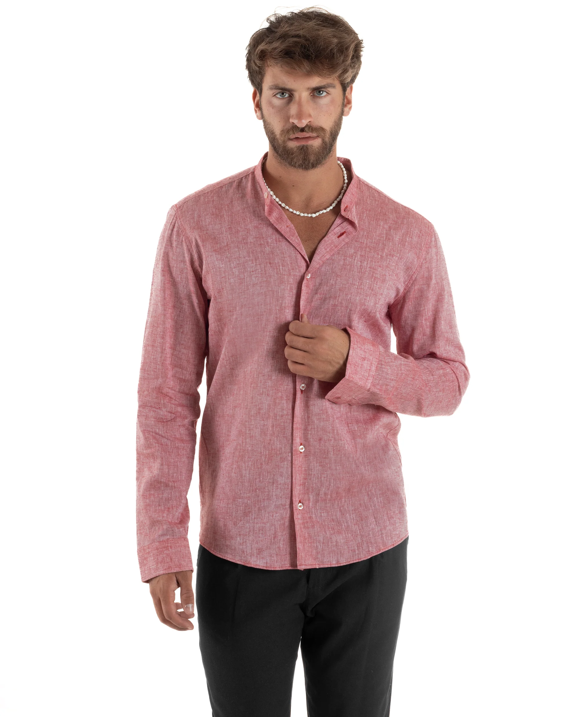 Camicia Uomo Lino Sartoriale Collo Coreano Melangiata Rosso C3003A - immagine 5