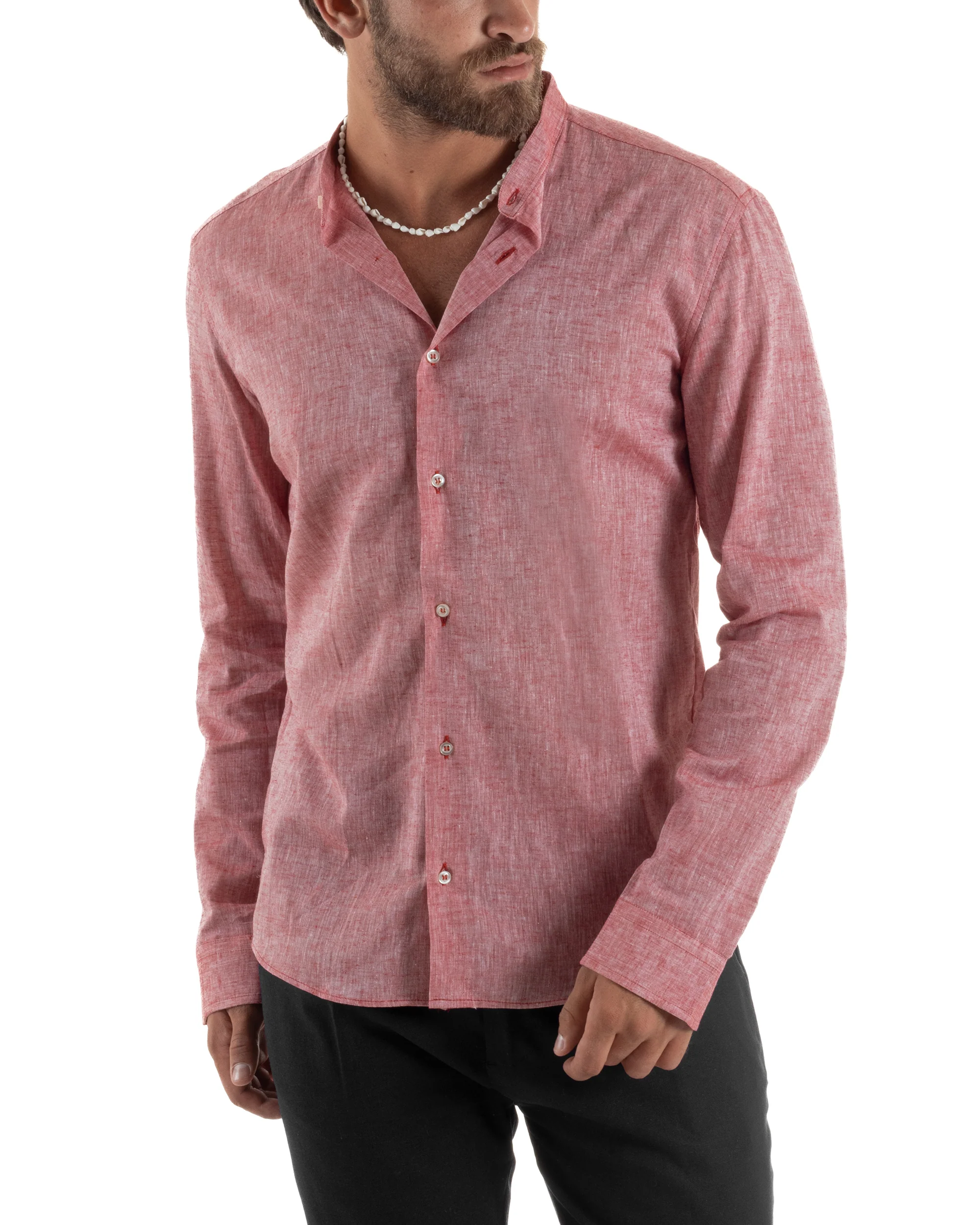 Camicia Uomo Lino Sartoriale Collo Coreano Melangiata Rosso C3003A - immagine 3