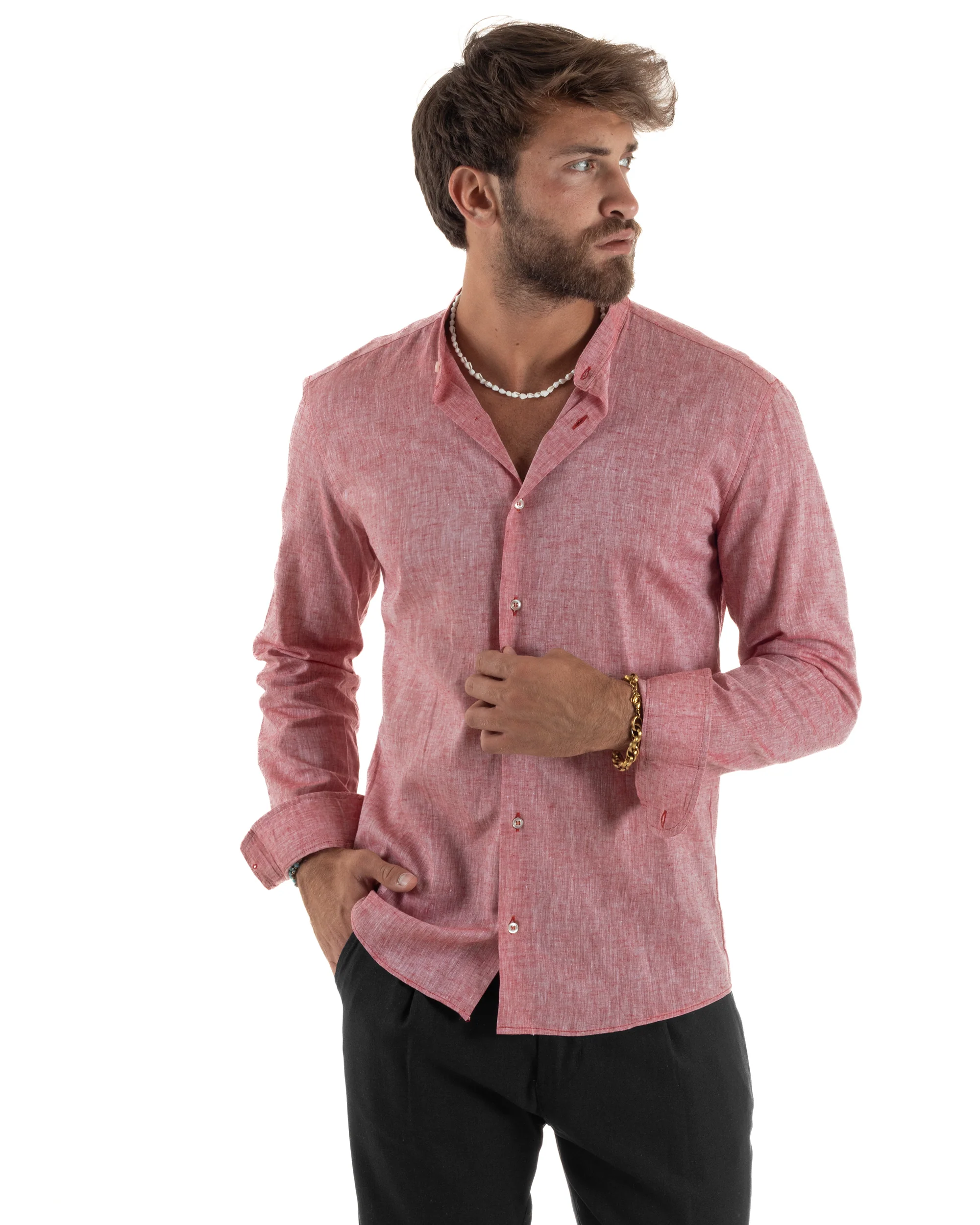 Camicia Uomo Lino Sartoriale Collo Coreano Melangiata Rosso C3003A - immagine 6