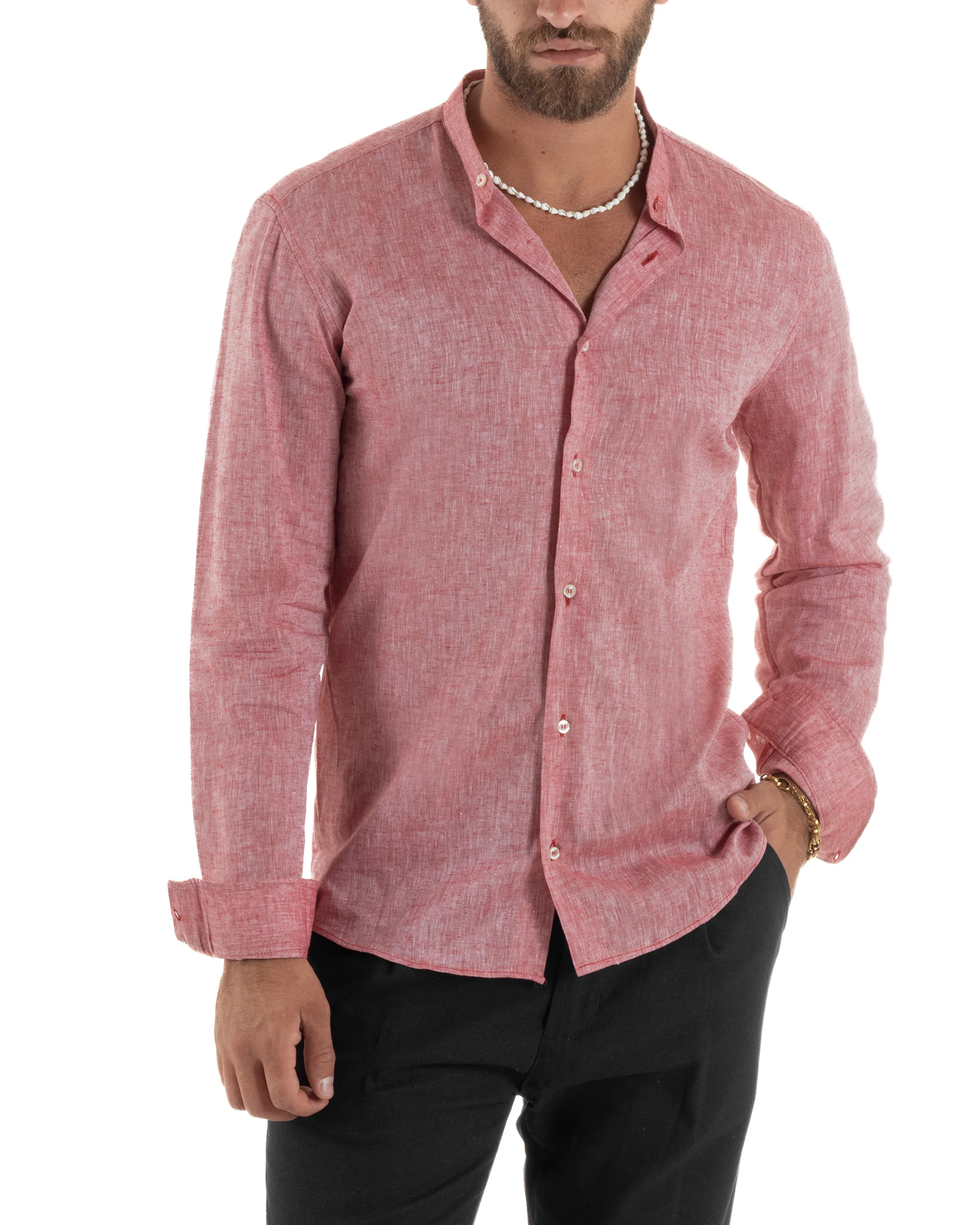 Camicia Uomo Lino Sartoriale Collo Coreano Melangiata Rosso C3003A - immagine 2