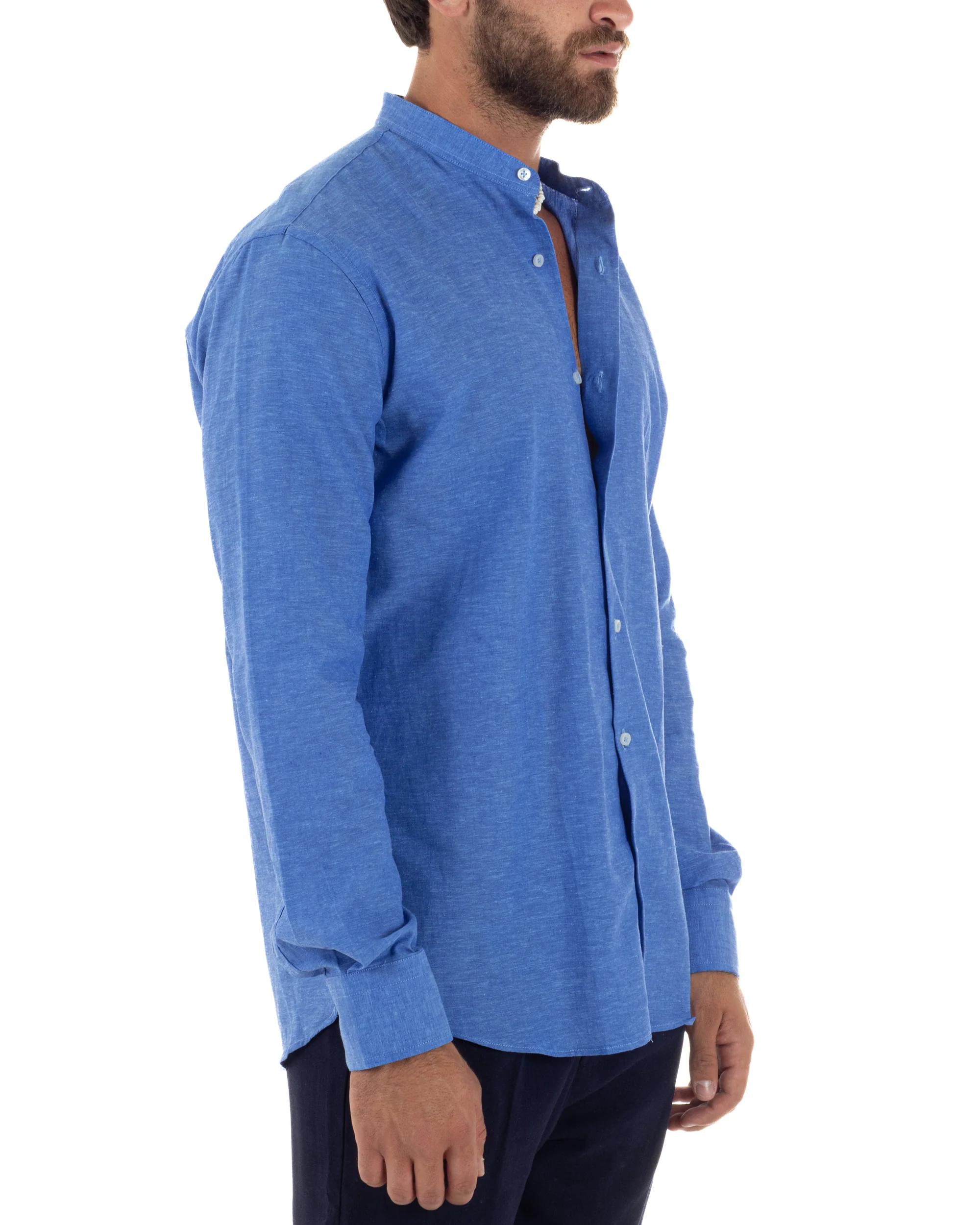 Camicia Uomo Lino Sartoriale Collo Coreano Melangiata Blu Royal C3004A - immagine 8