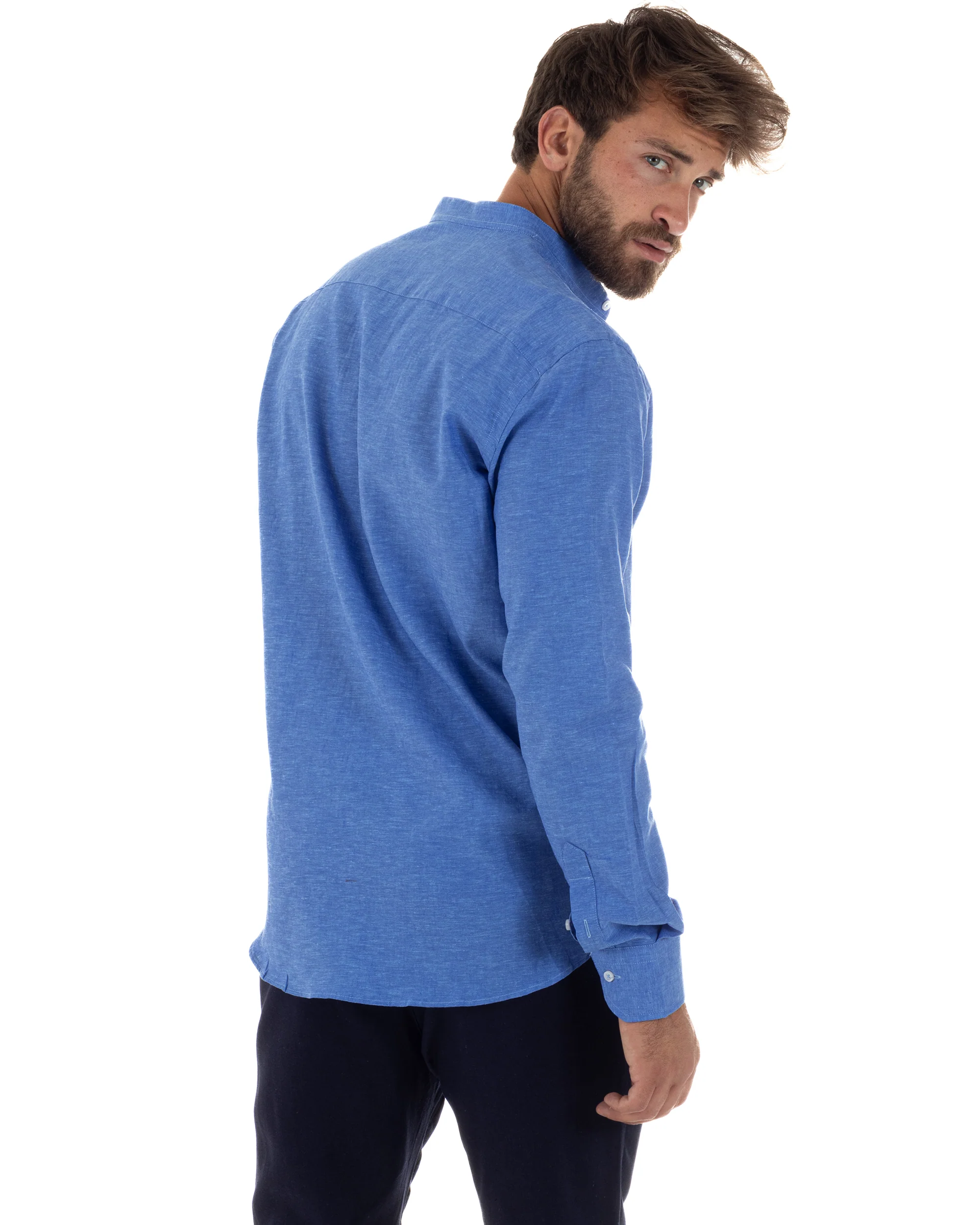 Camicia Uomo Lino Sartoriale Collo Coreano Melangiata Blu Royal C3004A - immagine 4
