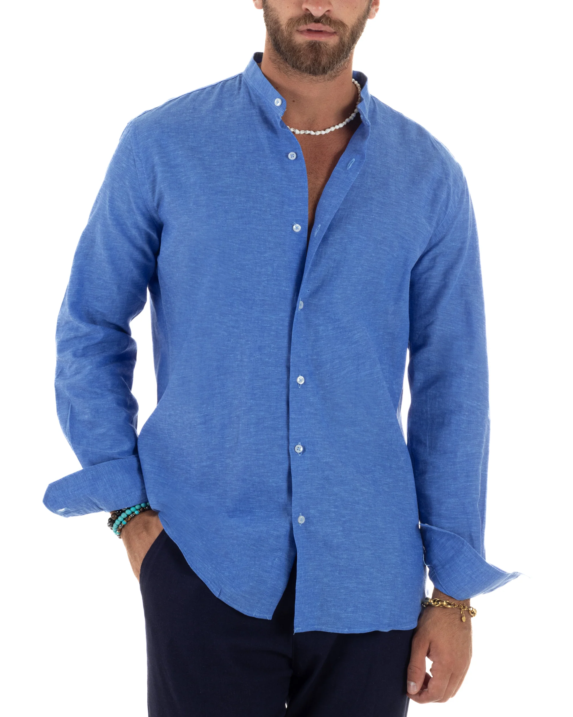 Camicia Uomo Lino Sartoriale Collo Coreano Melangiata Blu Royal C3004A