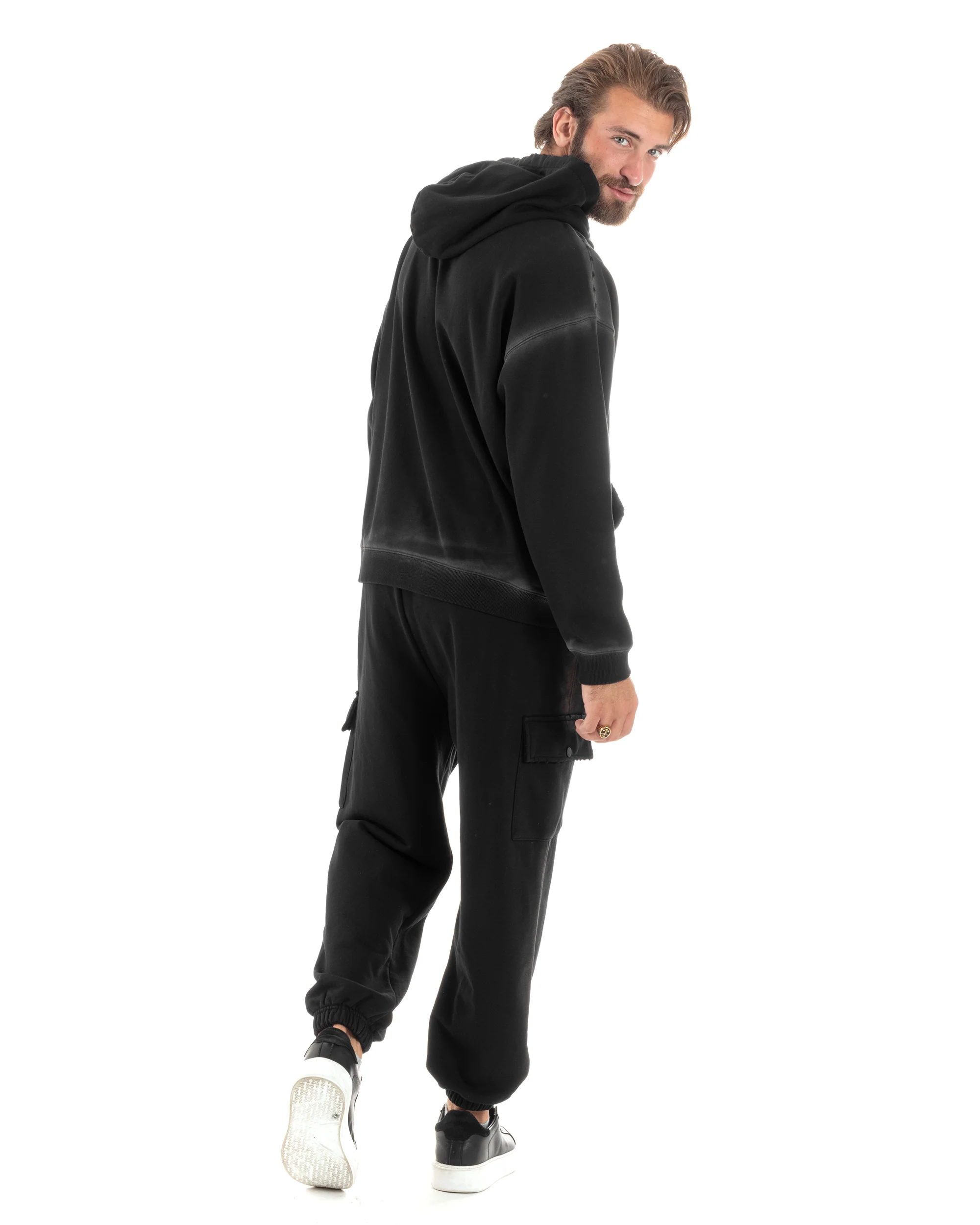 Completo Tuta Uomo Slavato Caldo Cotone Tracksuit Felpa Pantaloni Cargo Nero OU2476A - immagine 9