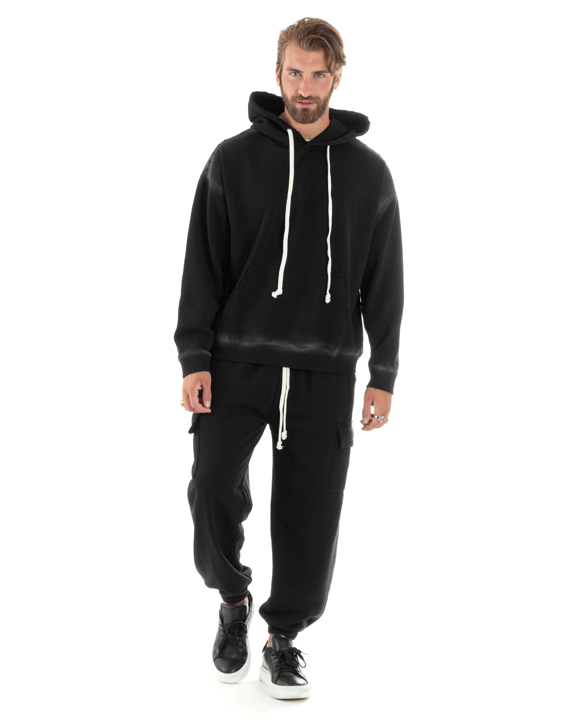 Completo Tuta Uomo Slavato Caldo Cotone Tracksuit Felpa Pantaloni Cargo Nero OU2476A
