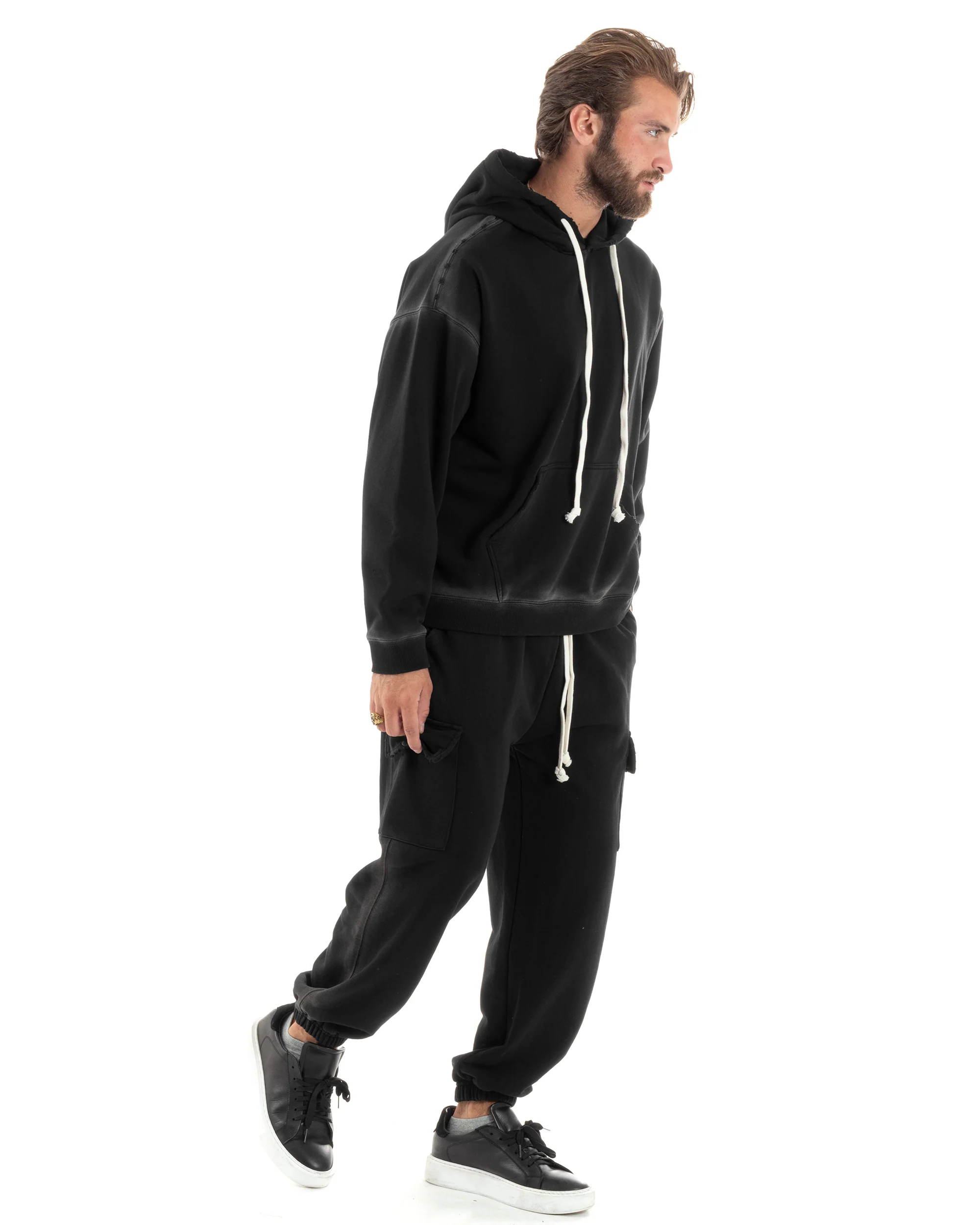 Completo Tuta Uomo Slavato Caldo Cotone Tracksuit Felpa Pantaloni Cargo Nero OU2476A - immagine 3