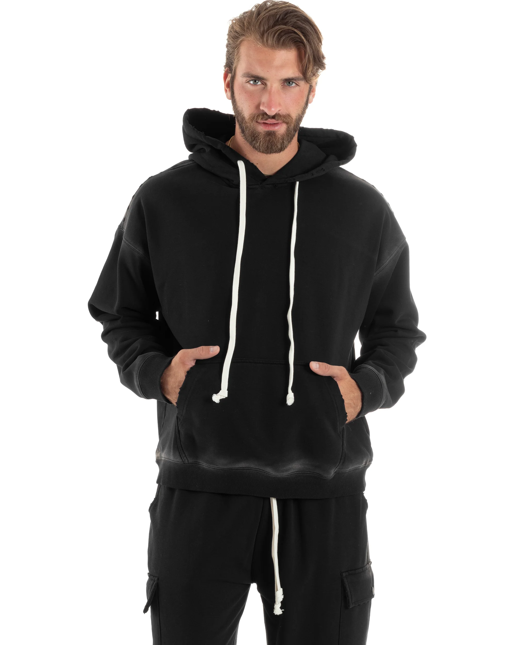 Completo Tuta Uomo Slavato Caldo Cotone Tracksuit Felpa Pantaloni Cargo Nero OU2476A - immagine 4