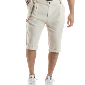 Bermuda Pantaloncini Uomo Corti Lino Tasca America Classico Sartoriale Comodo Casual Tinta Unita Beige GIOSAL-PC1956A
