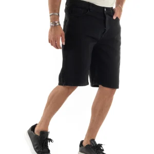 Bermuda Uomo Cotone Pantaloncini Corti Basic Jeans Cinque Tasche Casual Oversize Wide Leg Tinta Unita Denim Nero GIOSAL-PC1980A