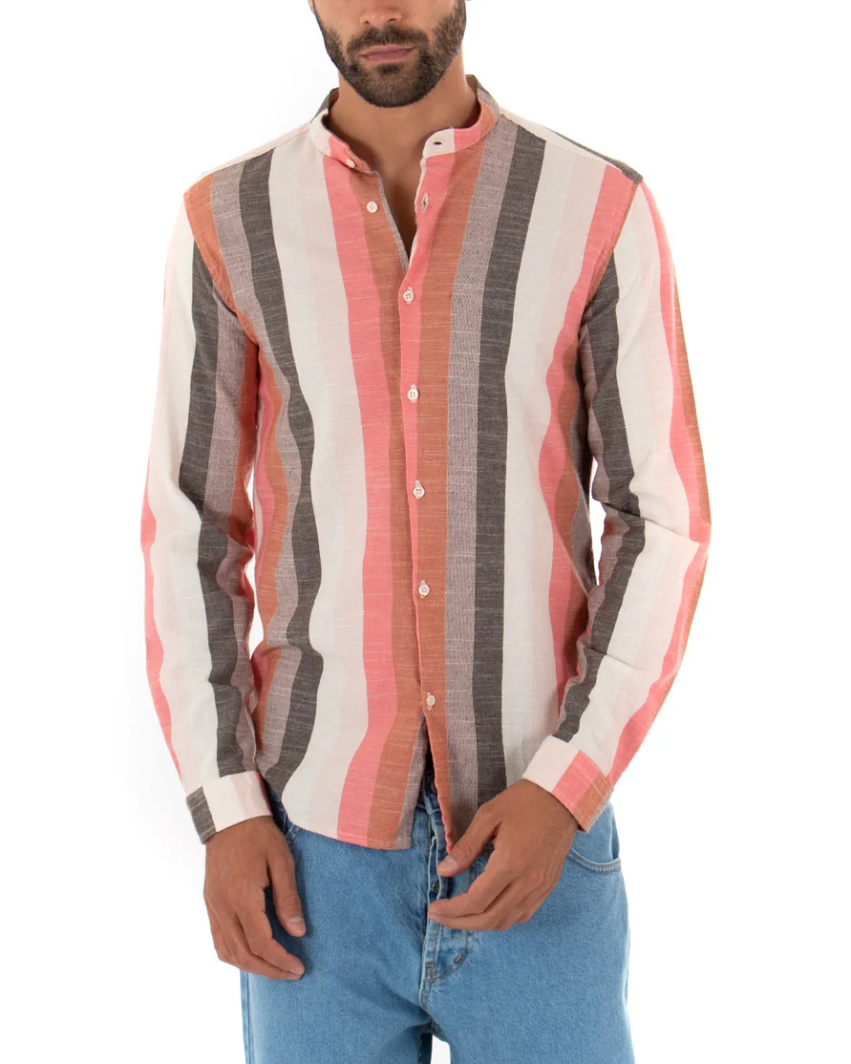 Camicia Uomo Collo Coreano Lino Rigata Sartoriale Corallo GIOSAL-C2343A - immagine 2
