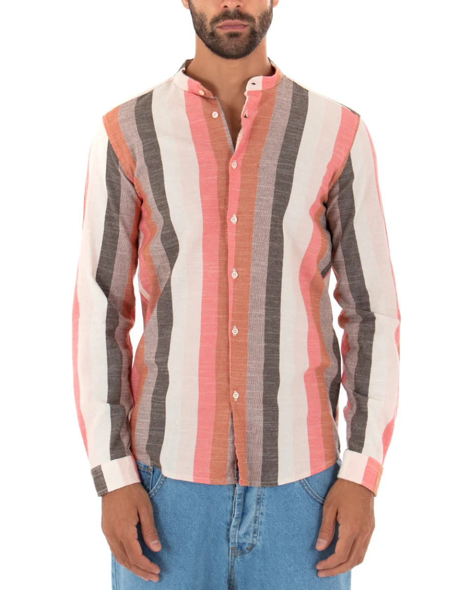 Camicia Uomo Collo Coreano Lino Rigata Sartoriale Corallo GIOSAL-C2343A - immagine 3