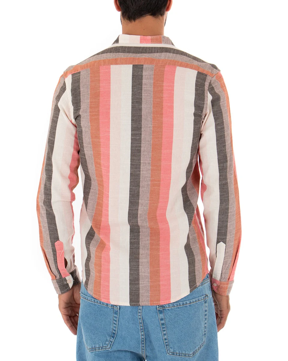 Camicia Uomo Collo Coreano Lino Rigata Sartoriale Corallo GIOSAL-C2343A - immagine 5
