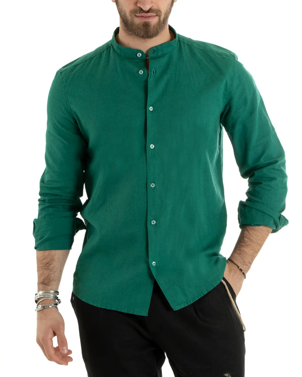 Camicia Uomo Lino Collo Coreano Sartoriale Morbida Tinta Unita Verde Petrolio GIOSAL-C2673A