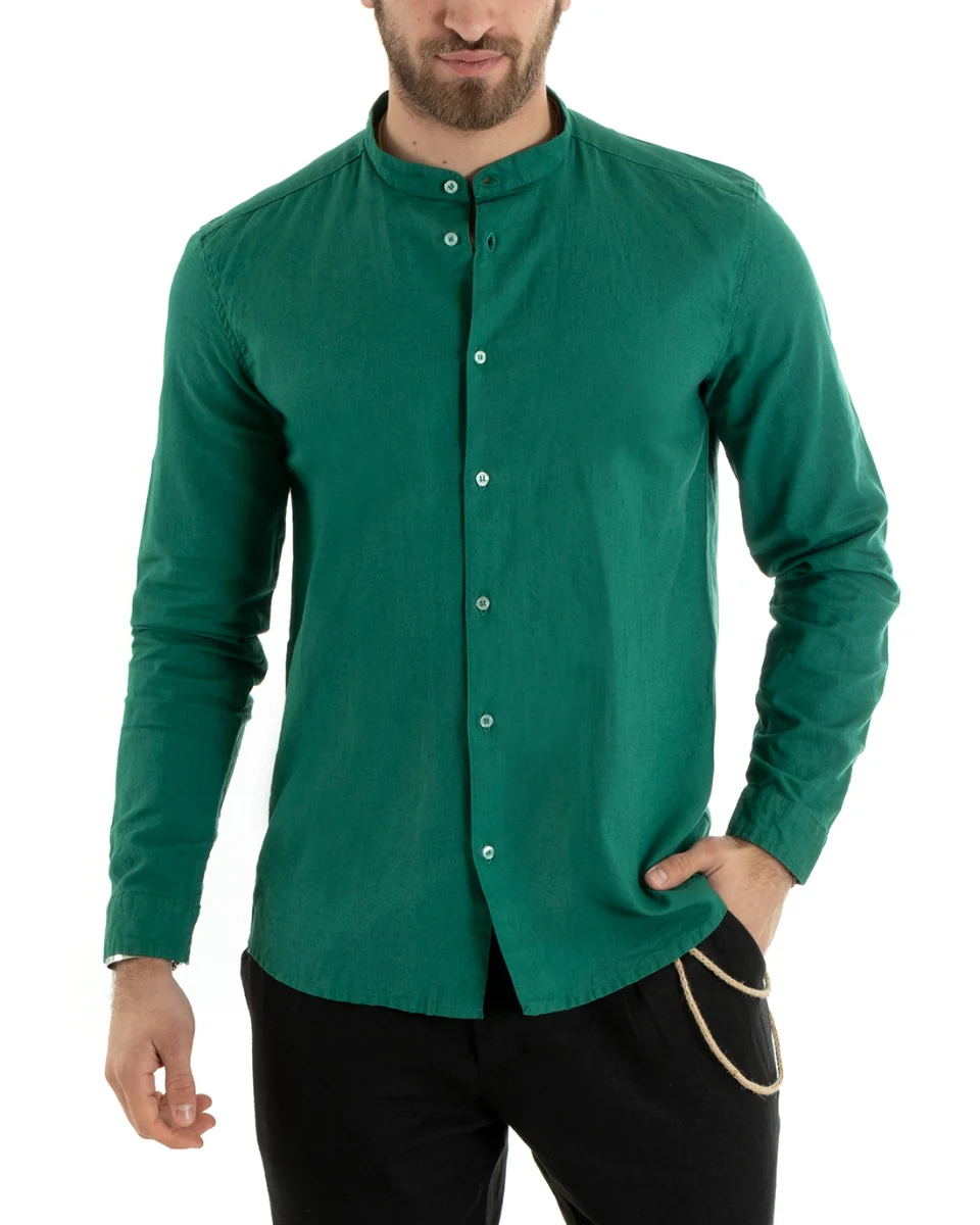 Camicia Uomo Lino Collo Coreano Sartoriale Morbida Tinta Unita Verde Petrolio GIOSAL-C2673A - immagine 3
