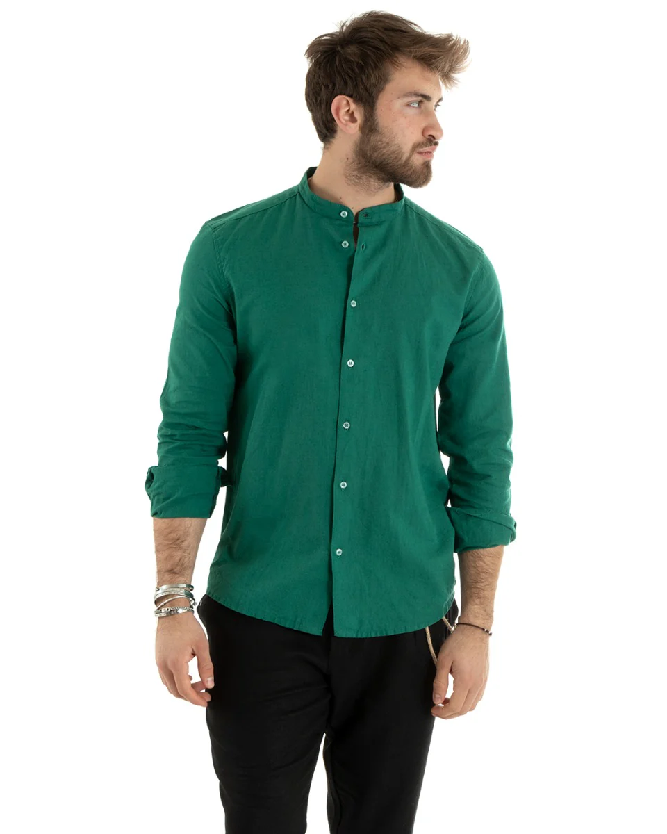 Camicia Uomo Lino Collo Coreano Sartoriale Morbida Tinta Unita Verde Petrolio GIOSAL-C2673A - immagine 4