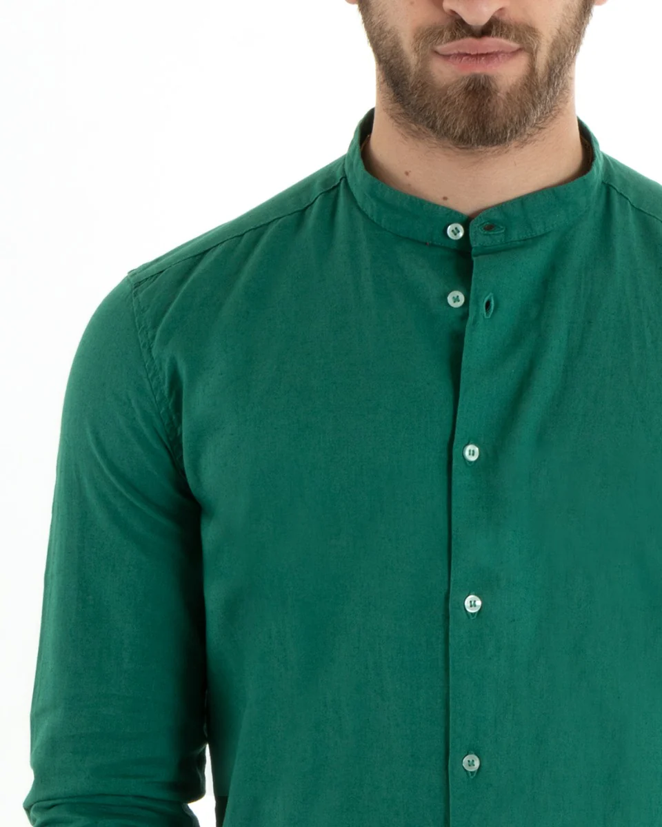 Camicia Uomo Lino Collo Coreano Sartoriale Morbida Tinta Unita Verde Petrolio GIOSAL-C2673A - immagine 5