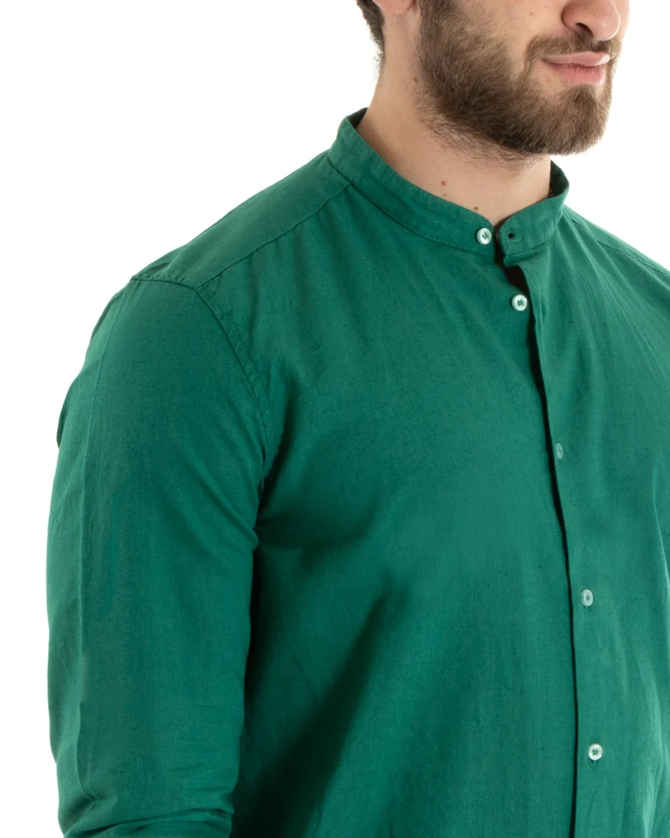 Camicia Uomo Lino Collo Coreano Sartoriale Morbida Tinta Unita Verde Petrolio GIOSAL-C2673A - immagine 6