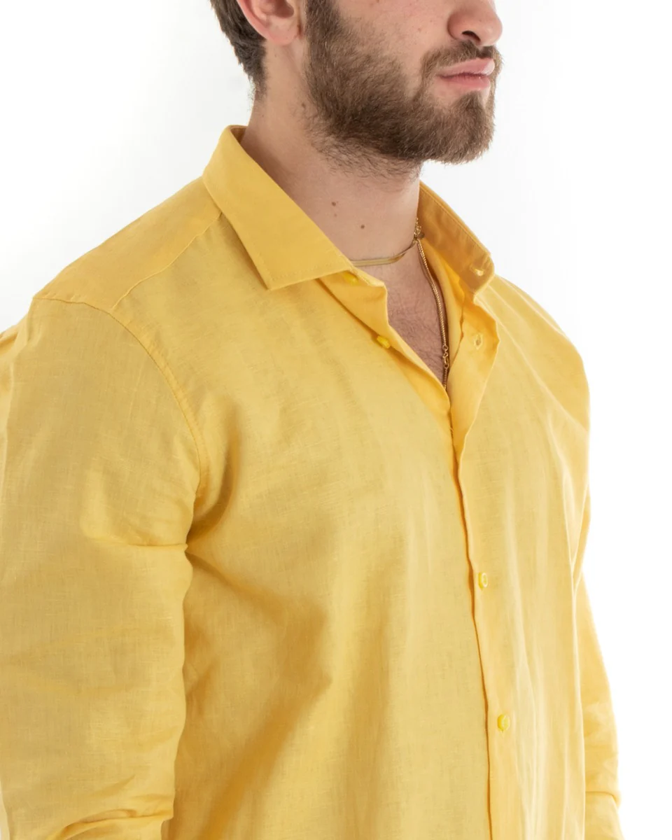 Camicia Uomo Lino Collo Francese Casual Sartoriale Tinta Unita Giallo GIOSAL-C2723A - immagine 5