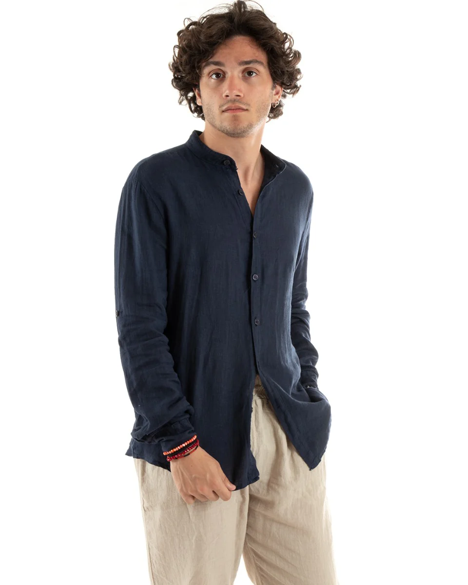 Camicia Uomo Collo Coreano Slim Fit Lino Tinta Unita Maniche Lunghe Blu GIOSAL-C2883A - immagine 3