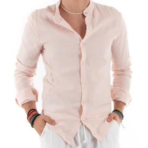 Camicia Uomo Collo Coreano Slim Fit Lino Tinta Unita Maniche Lunghe Rosa GIOSAL-C2879A