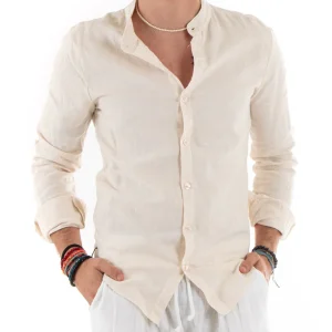 Camicia Uomo Collo Coreano Slim Fit Lino Tinta Unita Maniche Lunghe Beige GIOSAL-C2888A