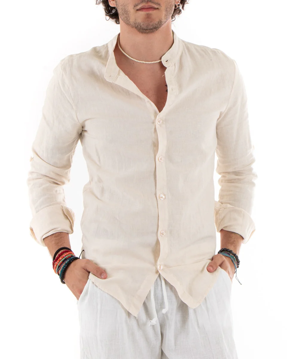 Camicia Uomo Collo Coreano Slim Fit Lino Tinta Unita Maniche Lunghe Beige GIOSAL-C2888A